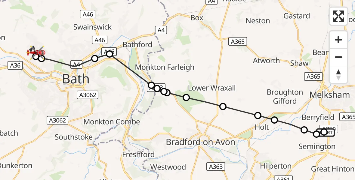 Flight path map showing Air Ambulance Helicopter route from Wiltshire Air Ambulance to Bath