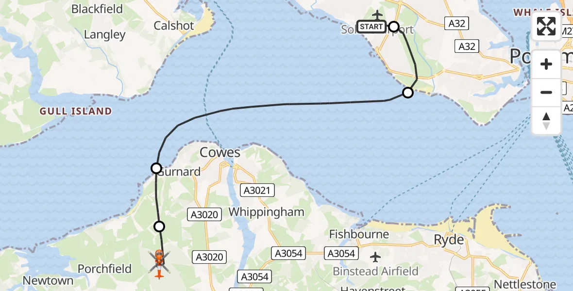 Flight path map showing Coastguard Helicopter route from Solent Airport to Northwood