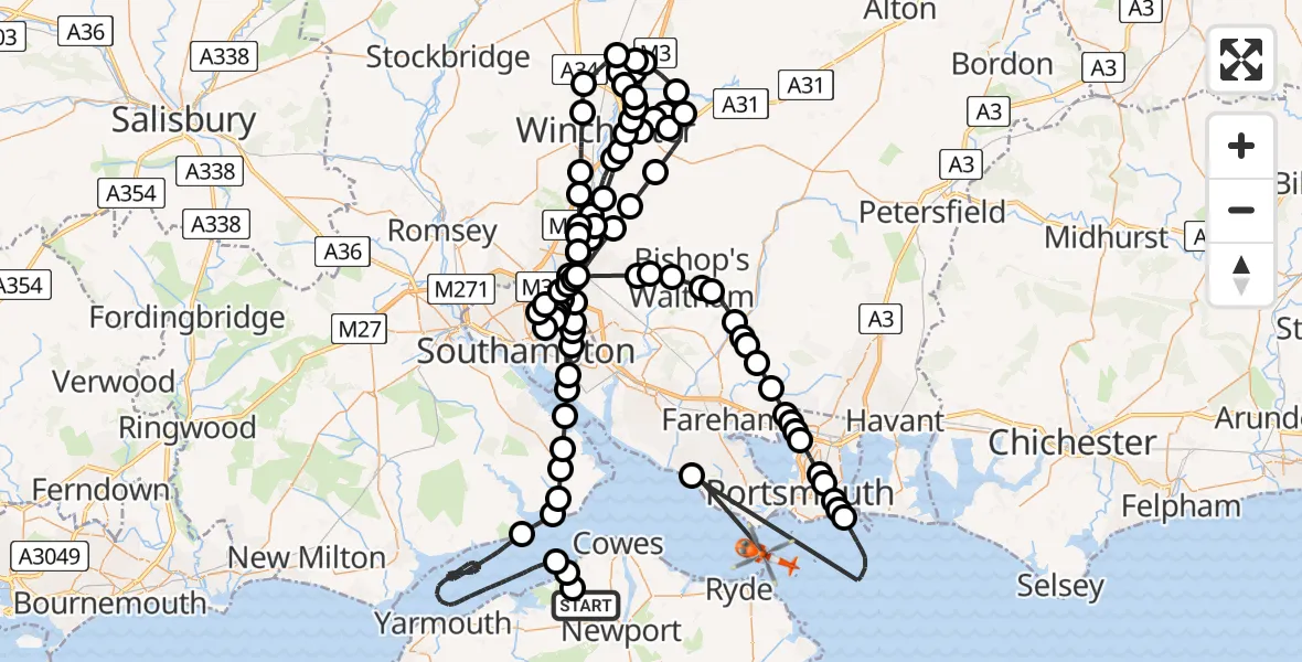 Flight path map showing Coastguard Helicopter route from Northwood to English Channel