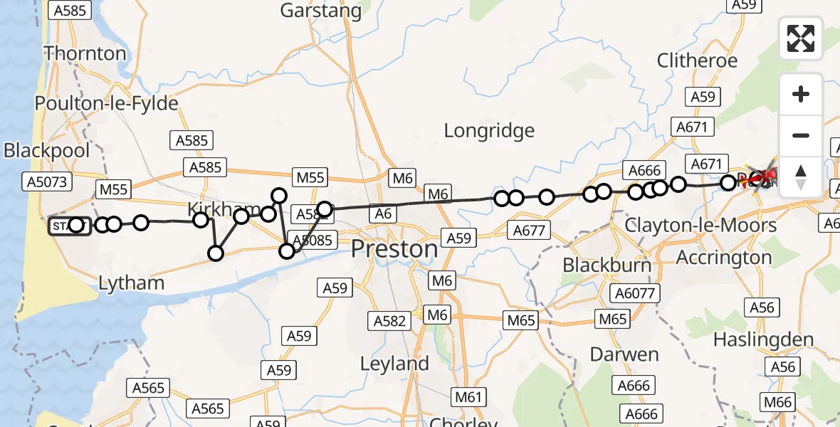 Flight path map showing Air Ambulance Helicopter route from Blackpool Airport to Padiham