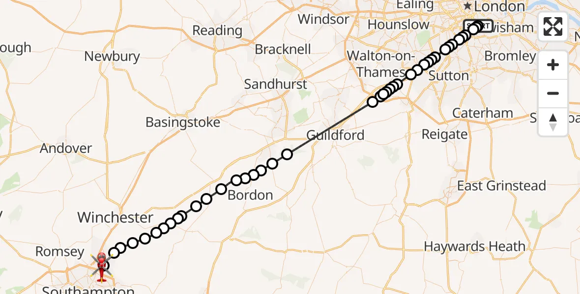 Flight path map showing Air Ambulance Helicopter route from Kings College London Hospital to Southampton Airport