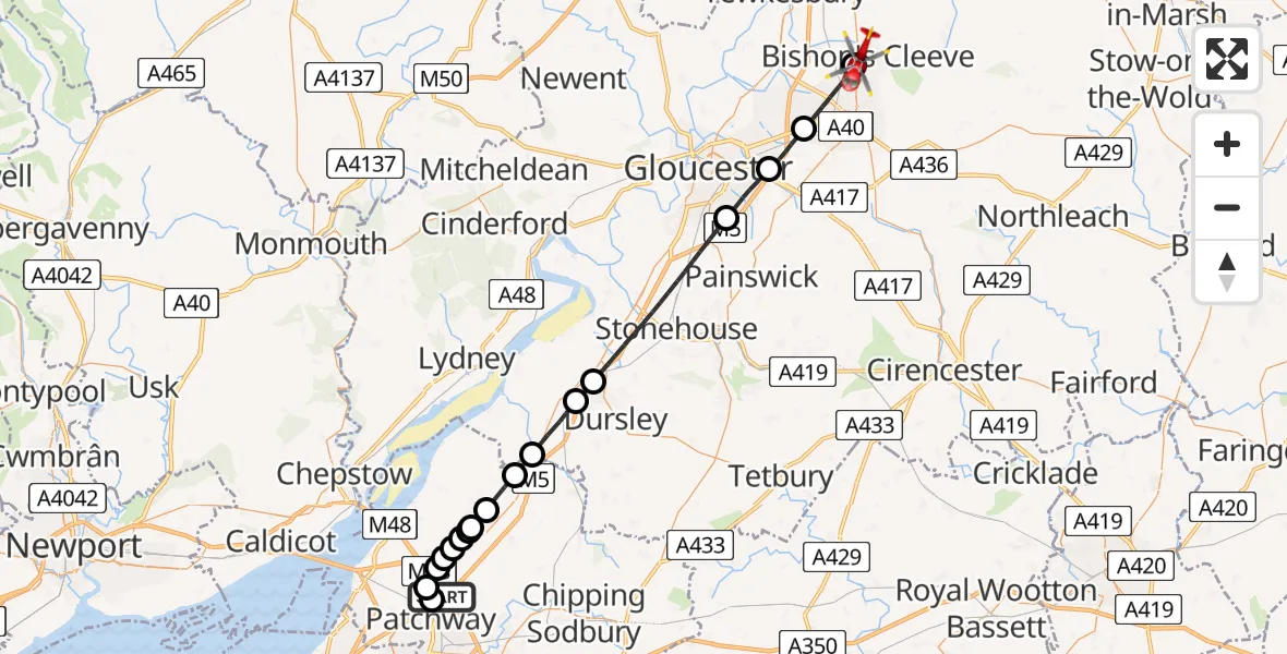 Flight path map showing Air Ambulance Helicopter route from Almondsbury Helicopter Base to Bishop's Cleeve