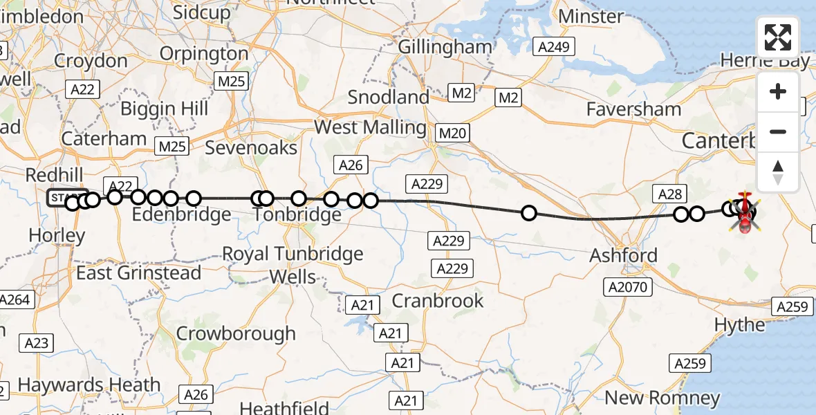 Flight path map showing Air Ambulance Helicopter route from Redhill Aerodrome to Barham