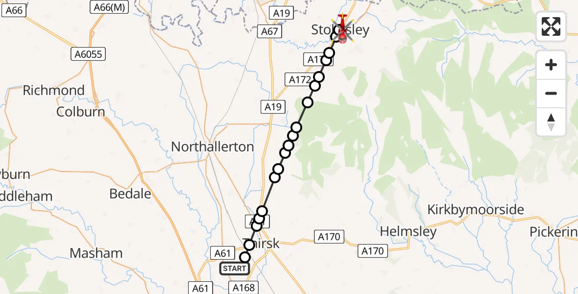 Flight path map showing Air Ambulance Helicopter route from RAF Topcliffe to Stokesley