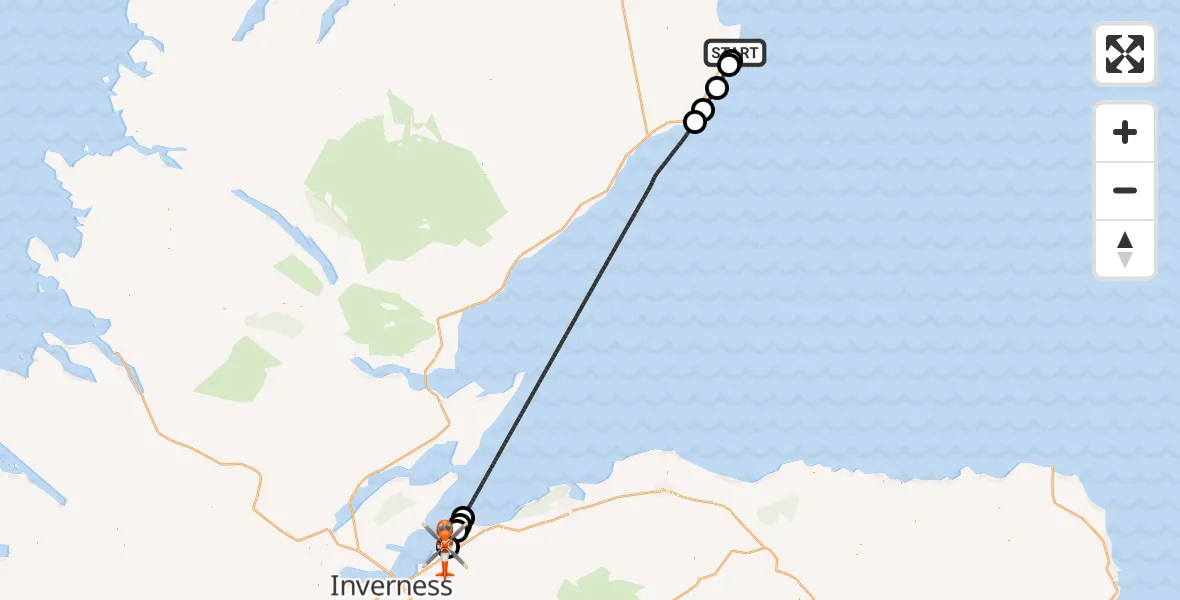 Flight path map showing Coastguard Helicopter route from Wick to Inverness Airport