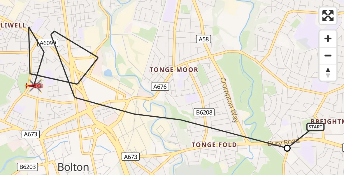 Flight path map showing Air Ambulance Helicopter route from Bolton to Bolton