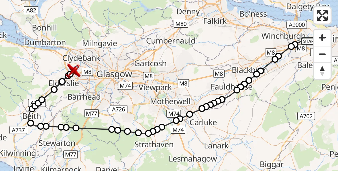 Flight path map showing Air Ambulance Aircraft route from Edinburgh Airport to Glasgow Airport