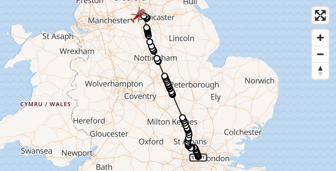 Flight path map showing Air Ambulance Helicopter route from Chalk Farm to Barnsley