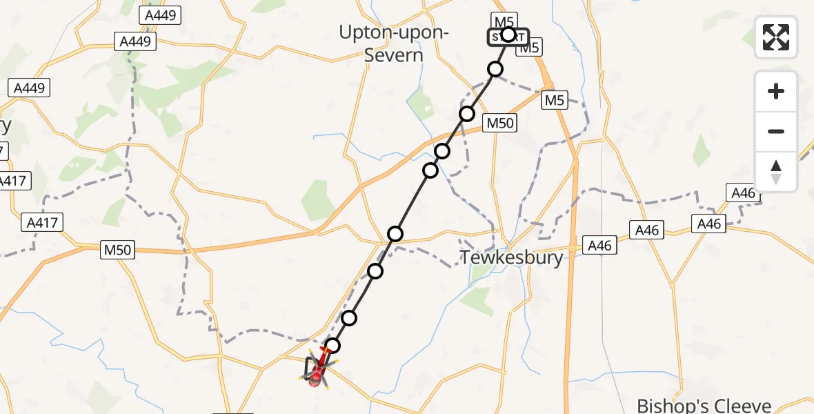 Flight path map showing Air Ambulance Helicopter route from Hill Croome to Tewkesbury