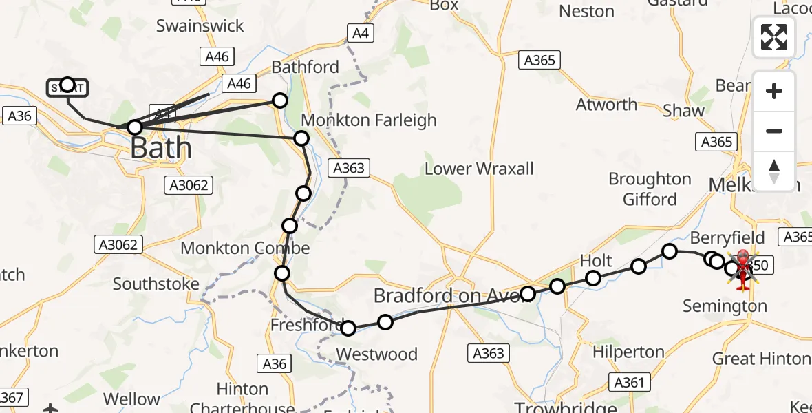 Flight path map showing Air Ambulance Helicopter route from Royal United Hospital Bath to Melksham