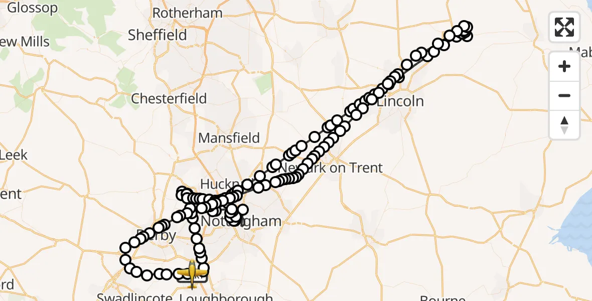Flight path map showing Police Aircraft route from East Midlands Airport to East Midlands Airport