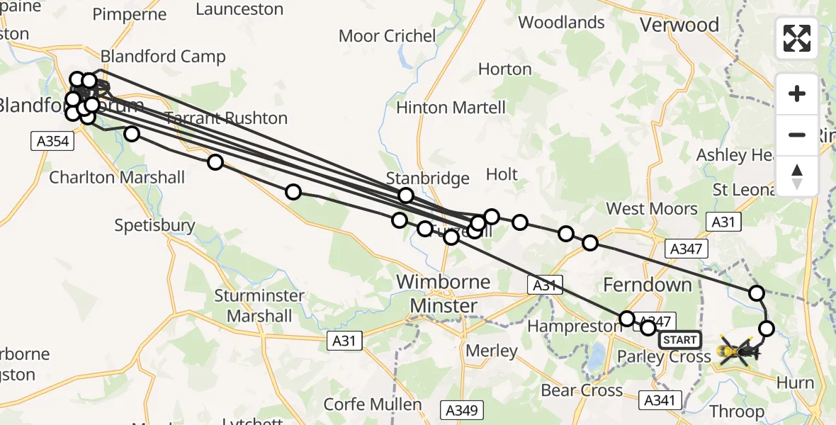 Flight path map showing Police Helicopter route from Parley Cross to Bournemouth Airport