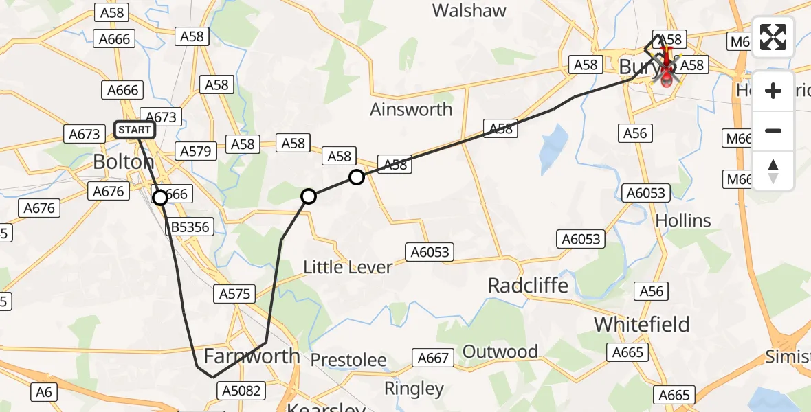 Flight path map showing Air Ambulance Helicopter route from Bolton to Bury