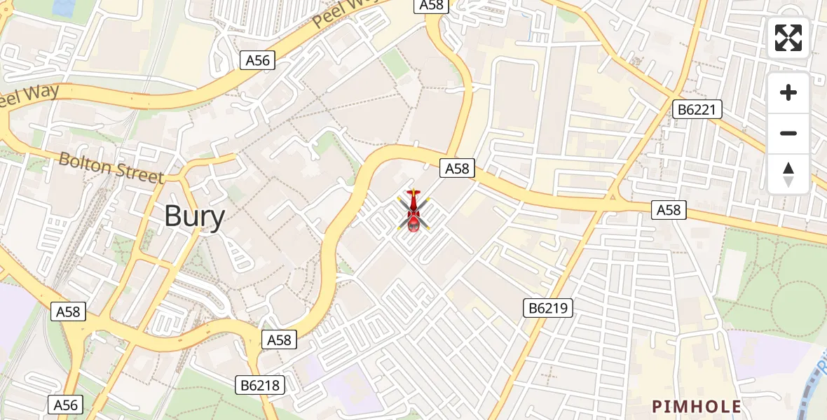 Flight path map showing Air Ambulance Helicopter route from Bury to Bury