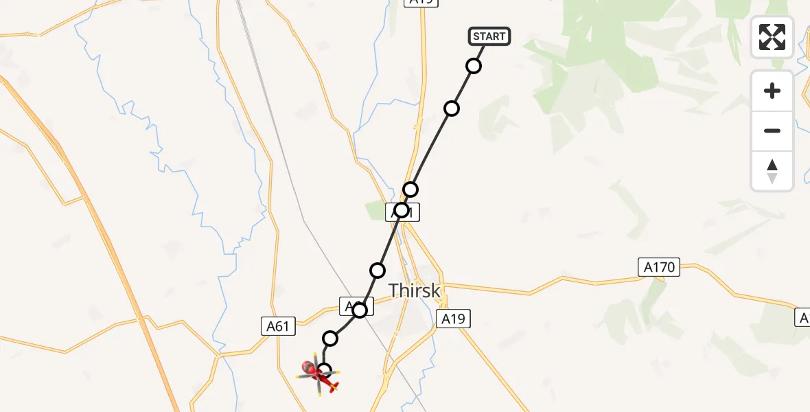 Flight path map showing Air Ambulance Helicopter route from Kepwick to RAF Topcliffe