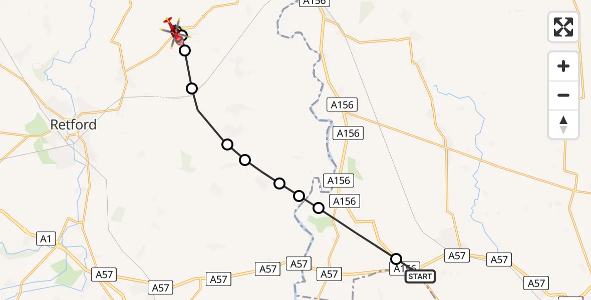 Flight path map showing Air Ambulance Helicopter route from West Lindsey to North Wheatley
