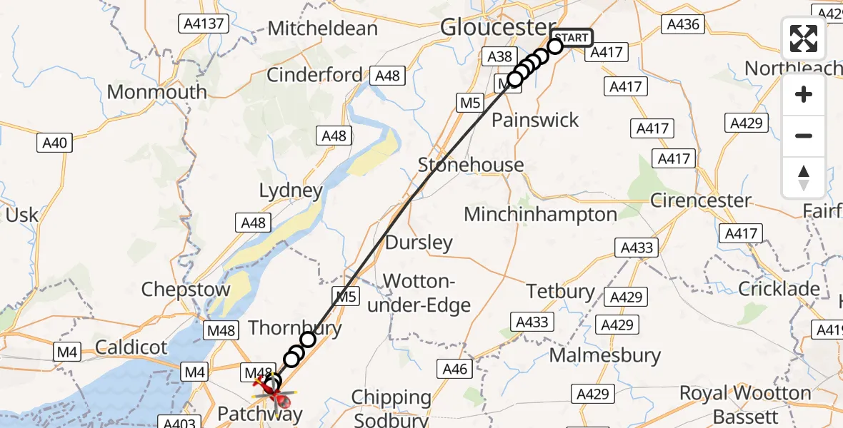 Flight path map showing Air Ambulance Helicopter route from Tewkesbury to Almondsbury Helicopter Base
