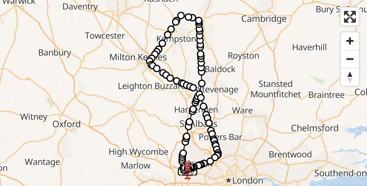 Flight path map showing Air Ambulance Helicopter route from RAF Northolt to RAF Northolt