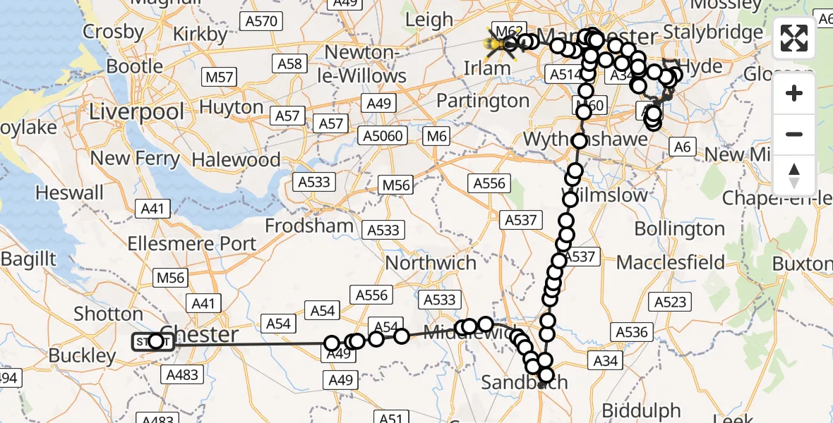 Flight path map showing Police Helicopter route from Hawarden Airport to Manchester Barton Aerodrome
