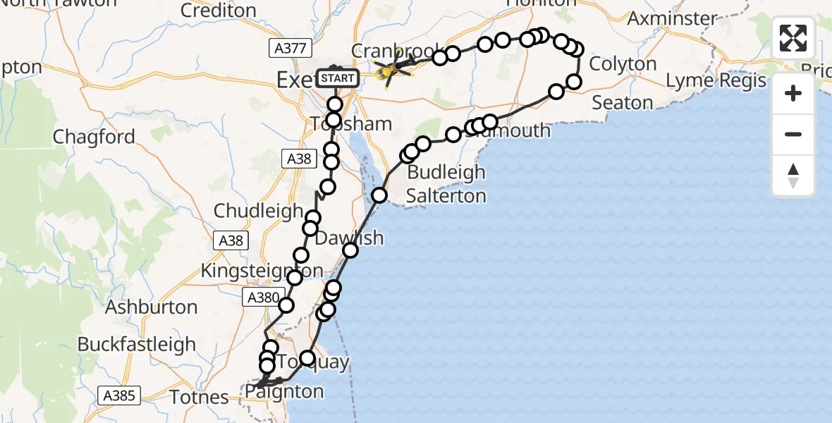 Flight path map showing Police Helicopter route from Exeter to Exeter International Airport