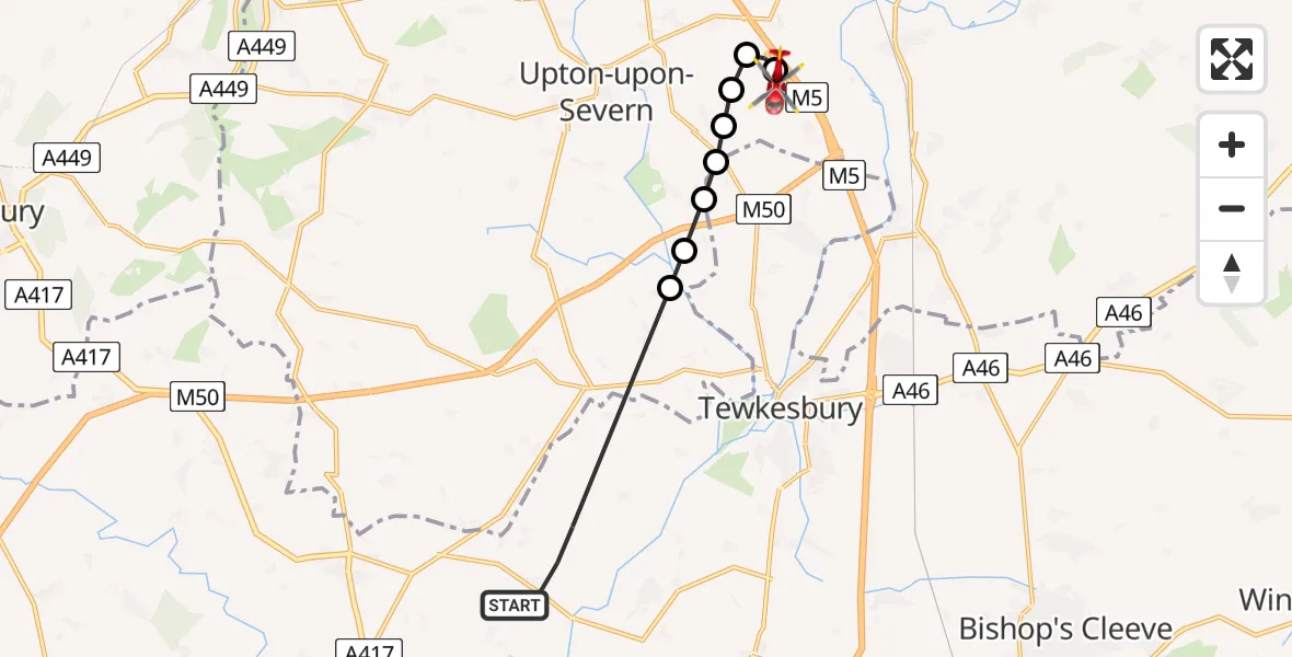Flight path map showing Air Ambulance Helicopter route from Tewkesbury to Upper Strensham