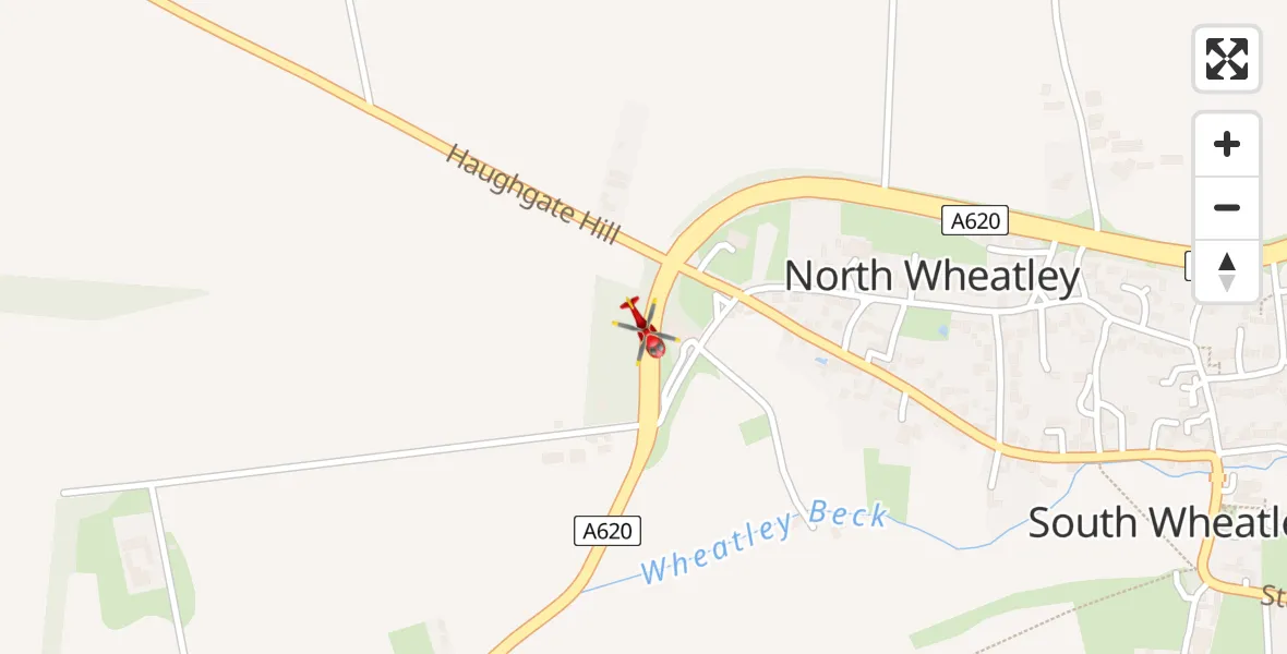 Flight path map showing Air Ambulance Helicopter route from North Wheatley to North Wheatley