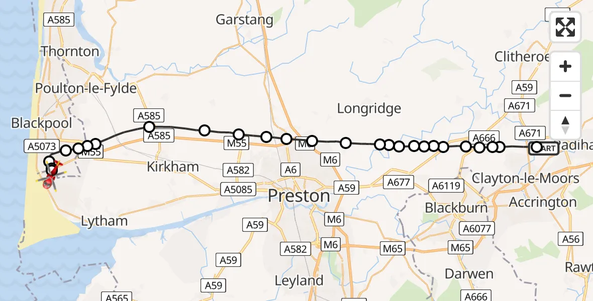 Flight path map showing Air Ambulance Helicopter route from Read to Blackpool Airport