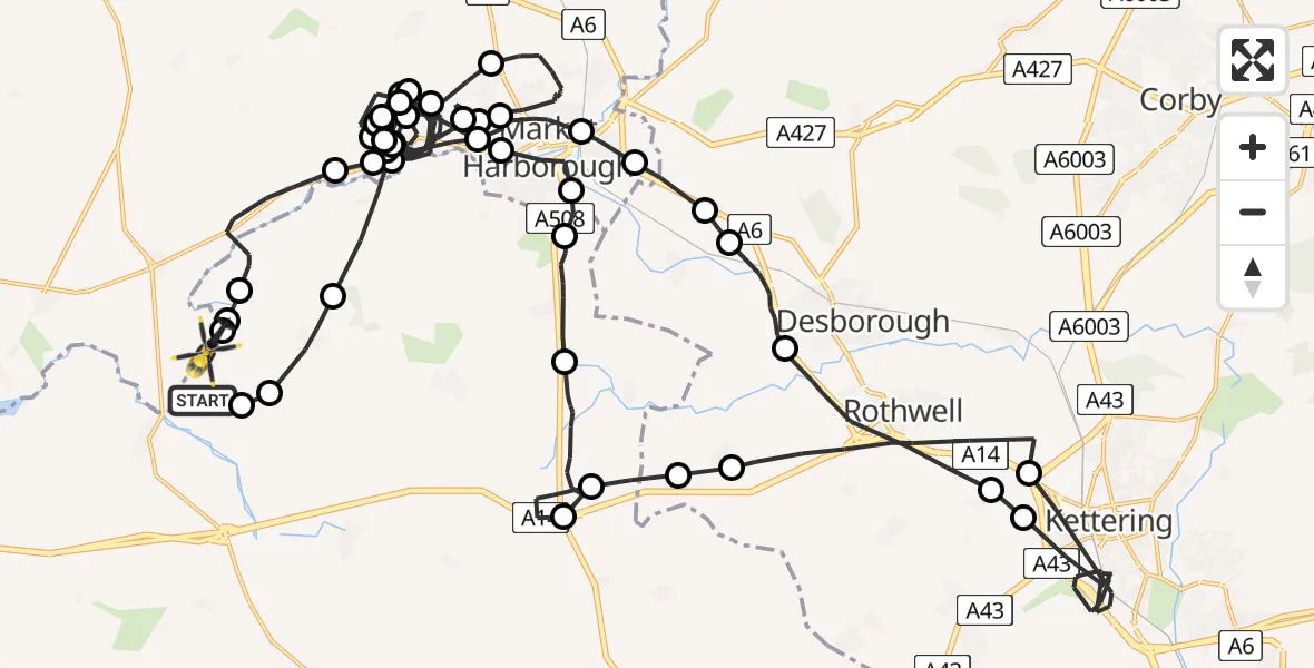 Flight path map showing Police Helicopter route from Welford to Harborough