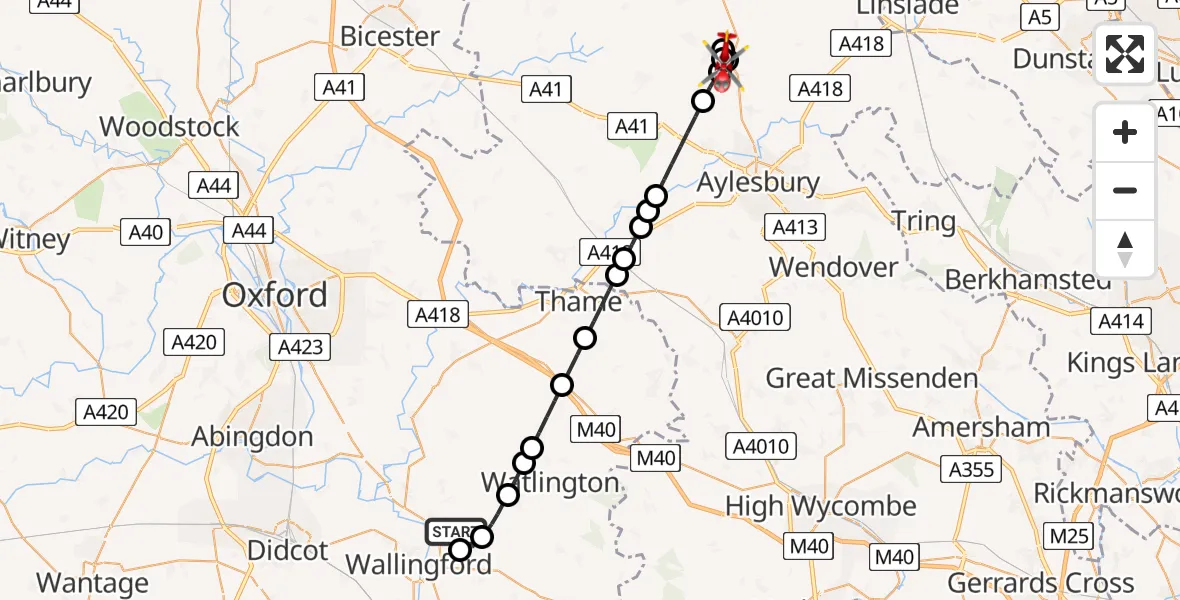 Flight path map showing Air Ambulance Helicopter route from RAF Benson to Whitchurch