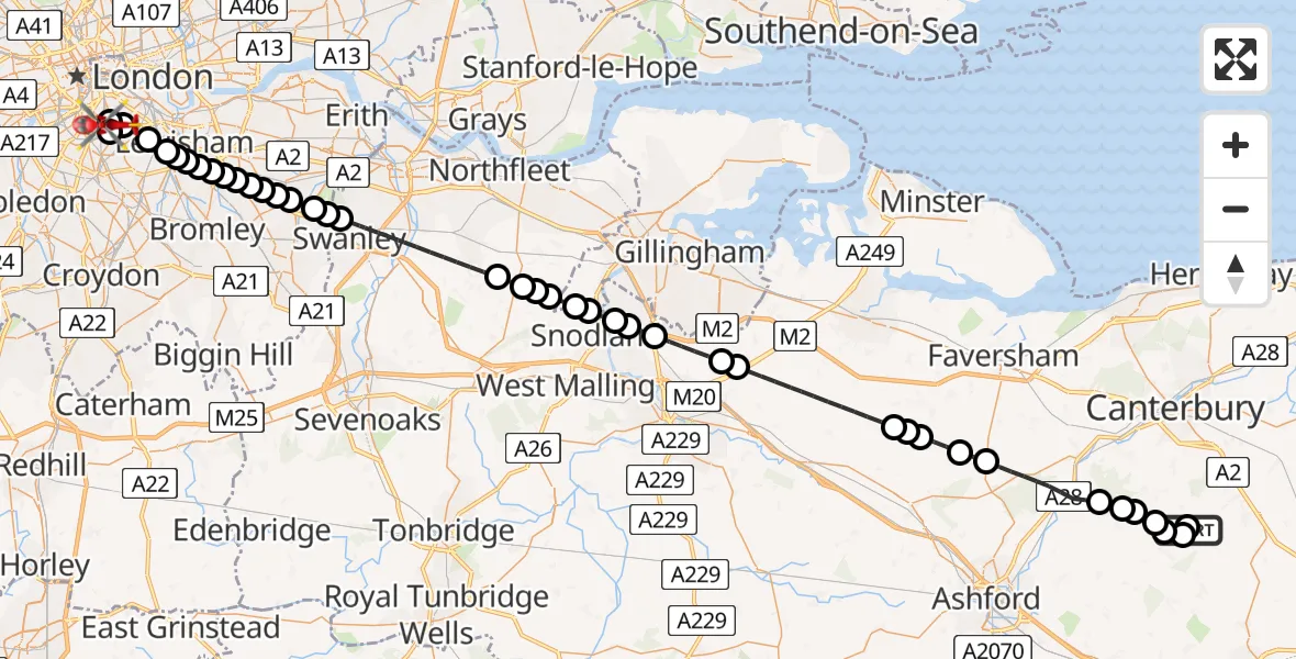 Flight path map showing Air Ambulance Helicopter route from Bossingham to Camberwell