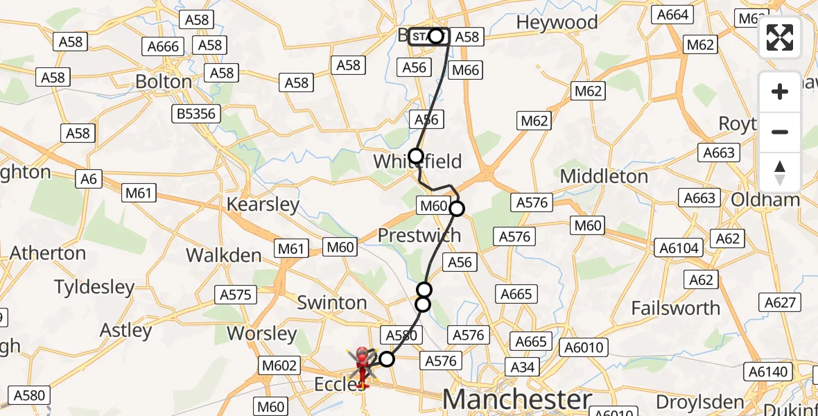 Flight path map showing Air Ambulance Helicopter route from Bury to Eccles