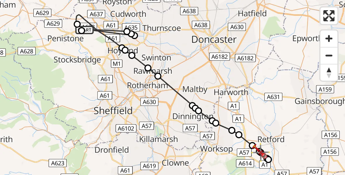 Routekaart van de vlucht: Air Ambulance Helicopter on its way from Barnsley
