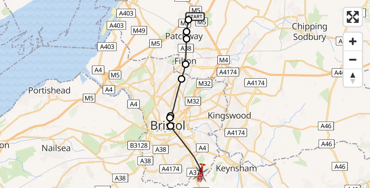 Flight path map showing Air Ambulance Helicopter route from Almondsbury Helicopter Base to Bristol