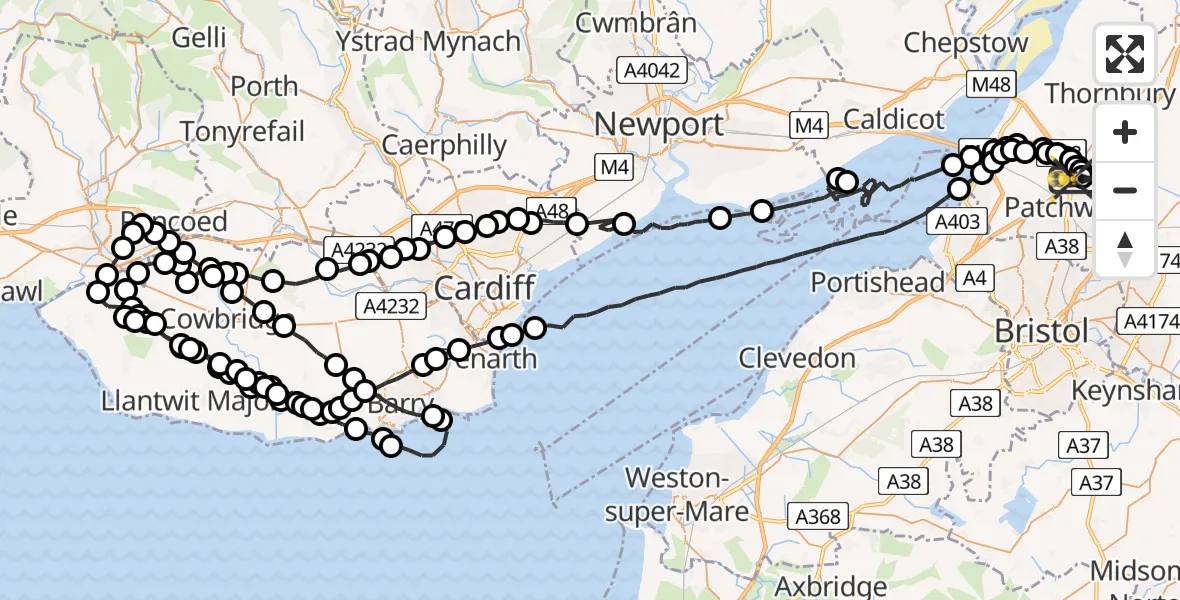 Flight path map showing Police Helicopter route from Almondsbury Helicopter Base to Almondsbury Helicopter Base