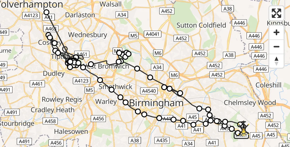 Flight path map showing Police Helicopter route from Birmingham Airport to Birmingham Airport