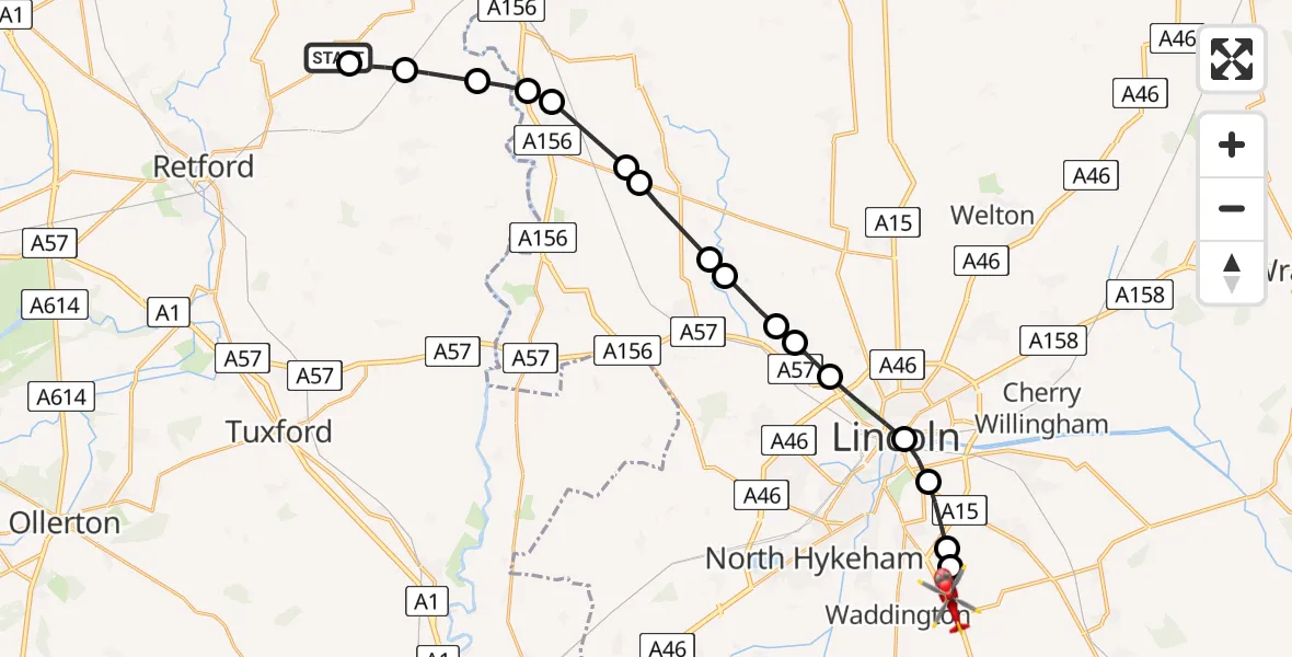 Flight path map showing Air Ambulance Helicopter route from North Wheatley to North Kesteven