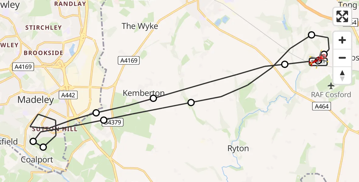 Flight path map showing Air Ambulance Helicopter route from RAF Cosford to Cosford