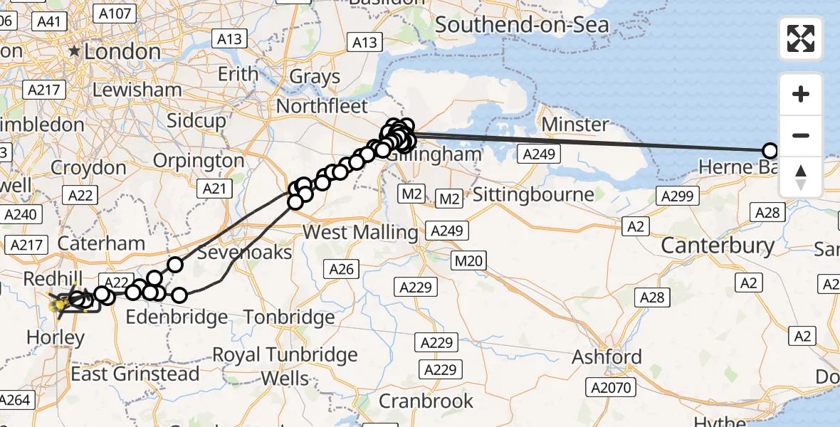 Flight path map showing Police Helicopter route from South Nutfield to Redhill Aerodrome