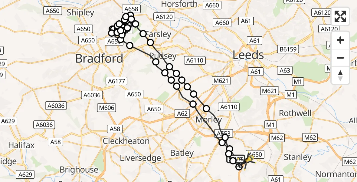 Flight path map showing Police Helicopter route from East Ardsley to East Ardsley