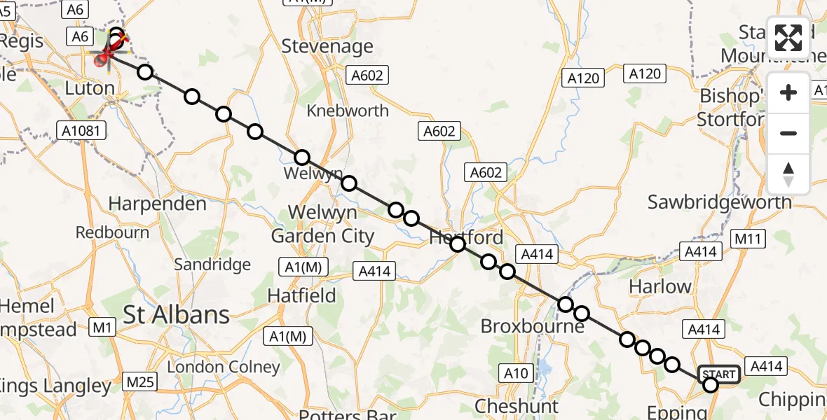 Flight path map showing Air Ambulance Helicopter route from North Weald Airfield to Luton