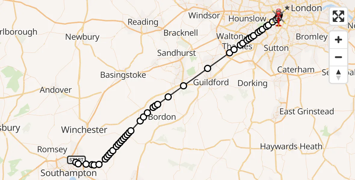Flight path map showing Air Ambulance Helicopter route from Southampton Airport to London Heliport