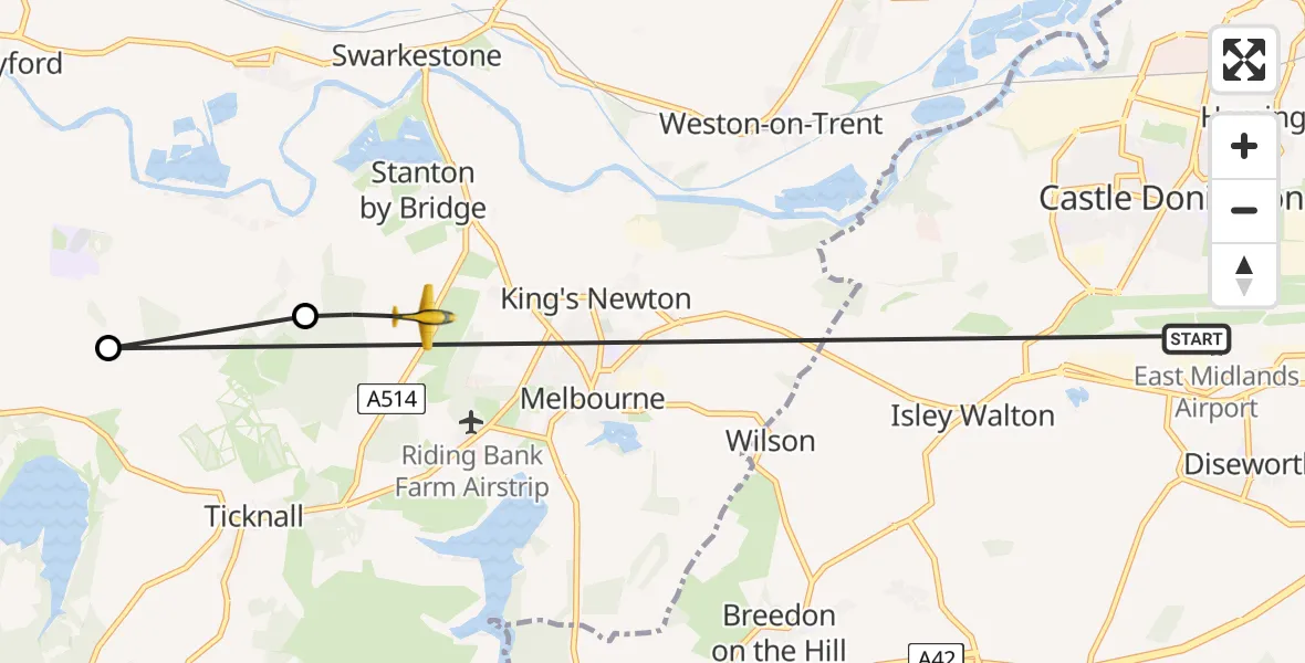 Flight path map showing Police Aircraft route from East Midlands Airport to Stanton by Bridge CP