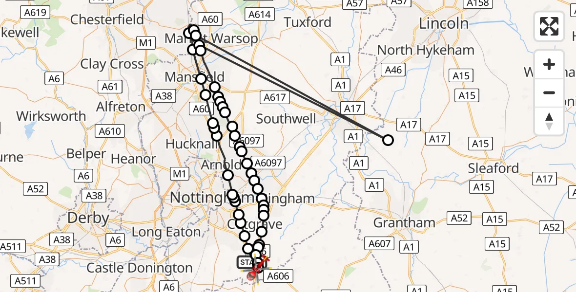 Flight path map showing Air Ambulance Helicopter route from Widmerpool to Nottingham Heliport