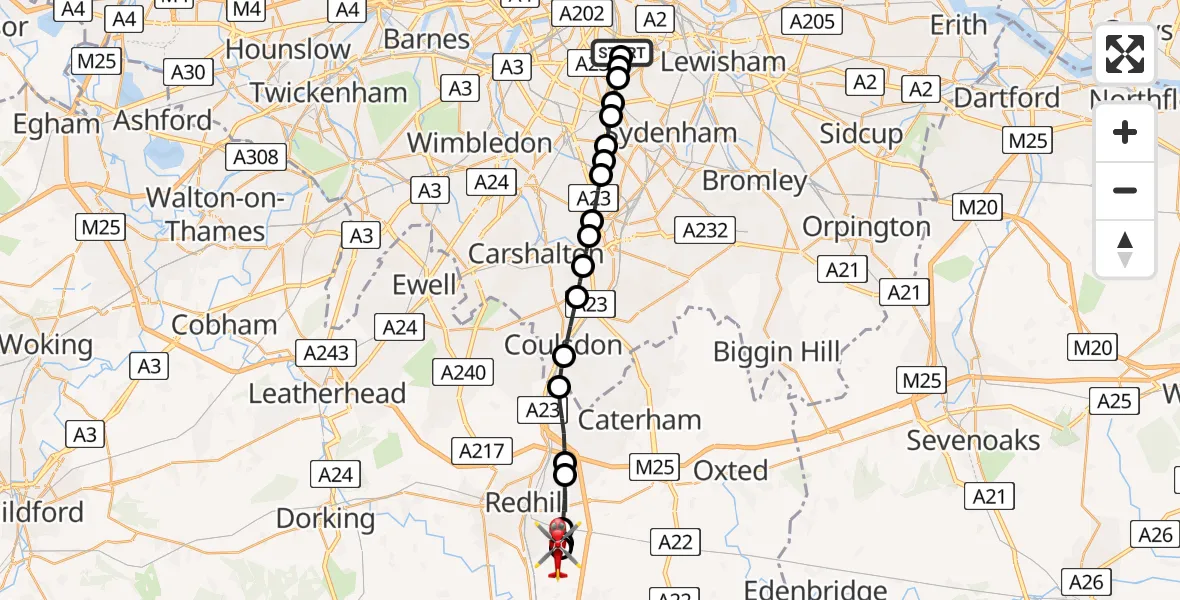 Flight path map showing Air Ambulance Helicopter route from Kings College London Hospital to Redhill Aerodrome