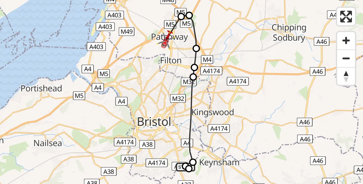 Flight path map showing Air Ambulance Helicopter route from Bristol to Patchway