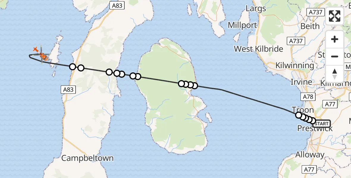 Flight path map showing Coastguard Helicopter route from Glasgow Prestwick Airport to Inner Seas