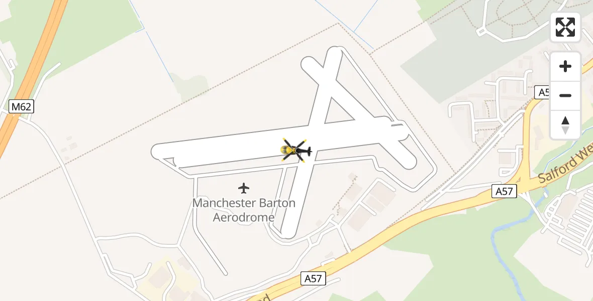 Flight path map showing Police Helicopter route from Manchester Barton Aerodrome to Manchester Barton Aerodrome