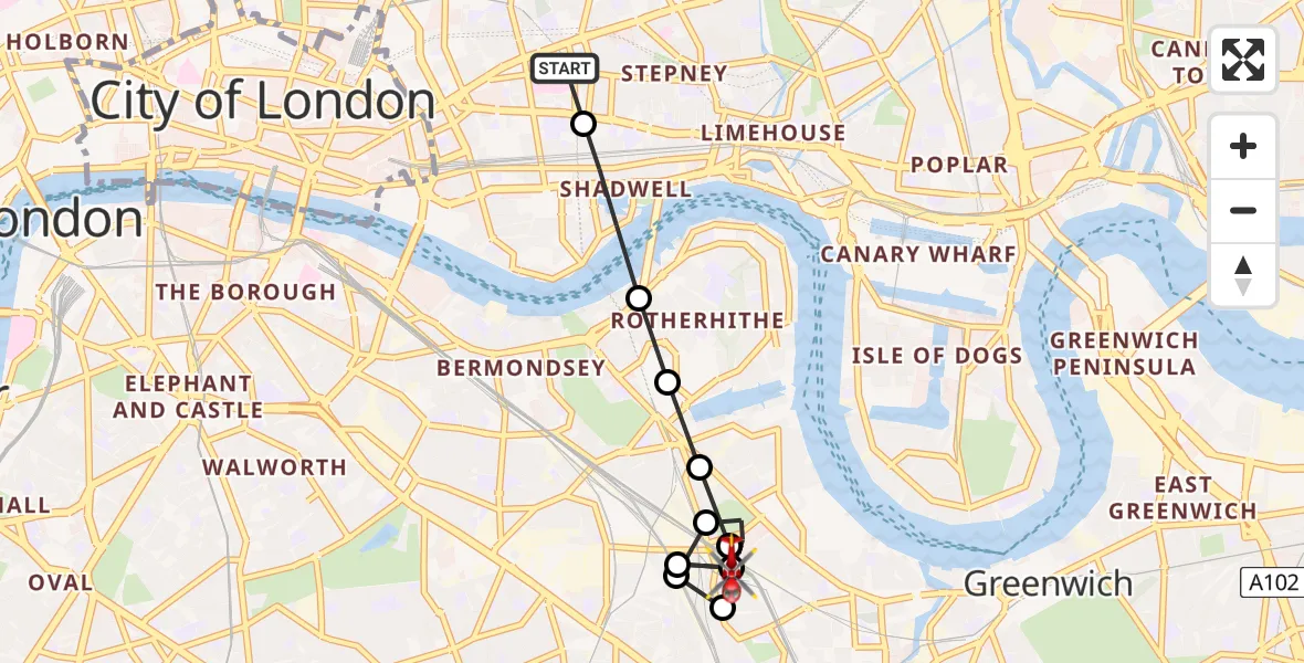 Flight path map showing Air Ambulance Helicopter route from Royal London Hospital to New Cross Gate