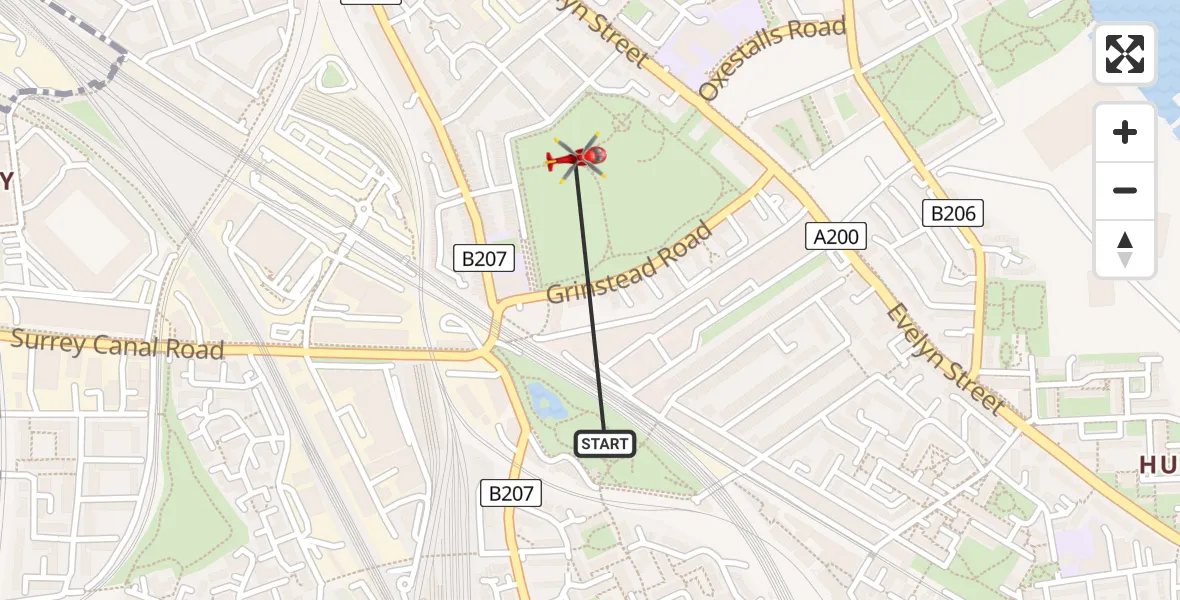 Flight path map showing Air Ambulance Helicopter route from New Cross Gate to New Cross Gate