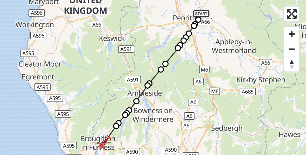 Flight path map showing Air Ambulance Helicopter route from Edenhall to Kirkby Ireleth